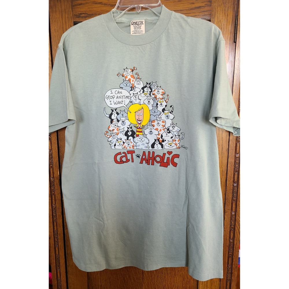 Vintage Oneita Cat-Aholic Graphic T-Shirt Sage Green Made in USA Single Stitch M